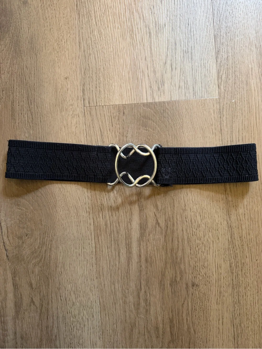Ruespari Black Elastic Waist Belt with Silver Interlocking Buckle